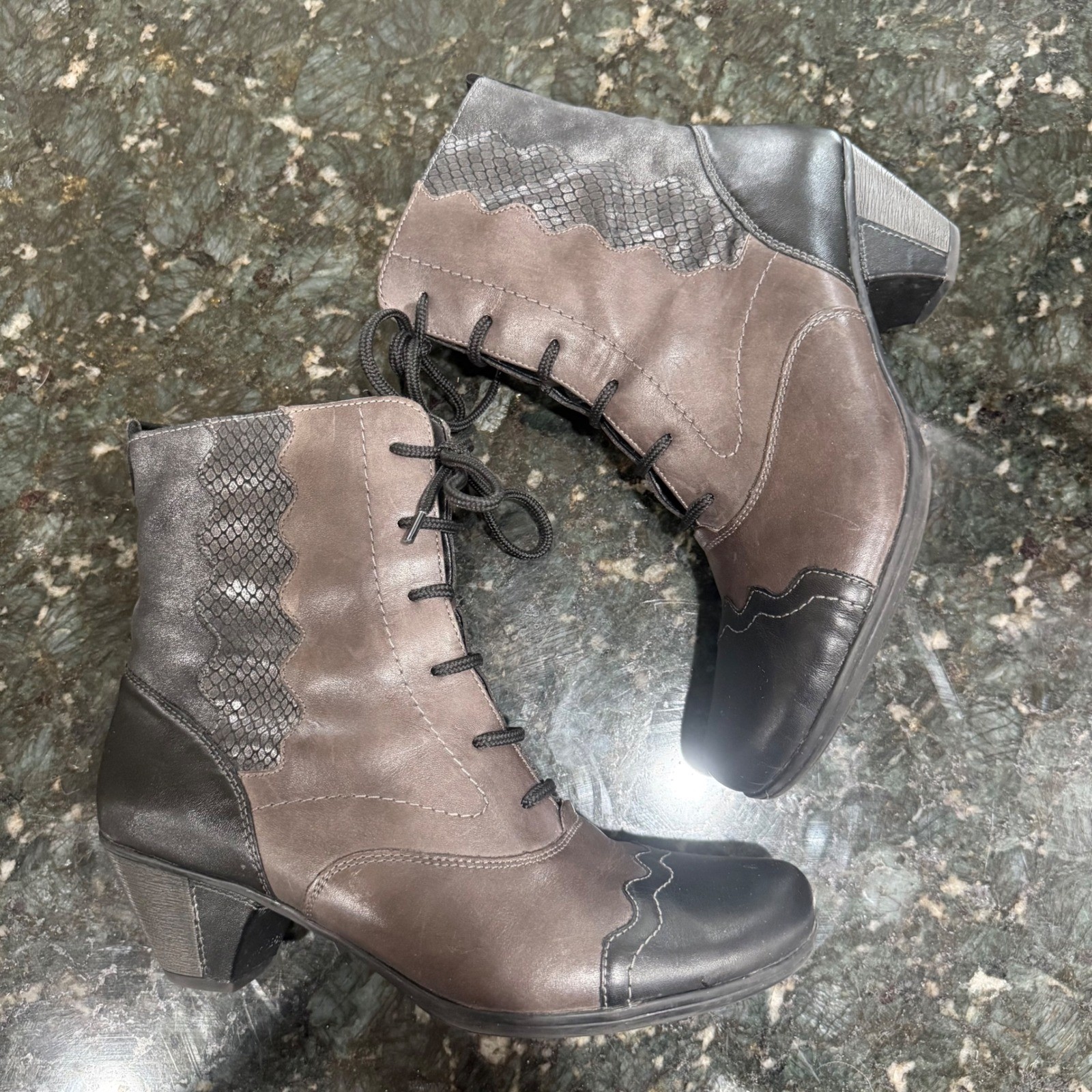 Lace Up Ankle Boots Leather Booties Snakeskin Metallic Brown Gray Black Women 40
