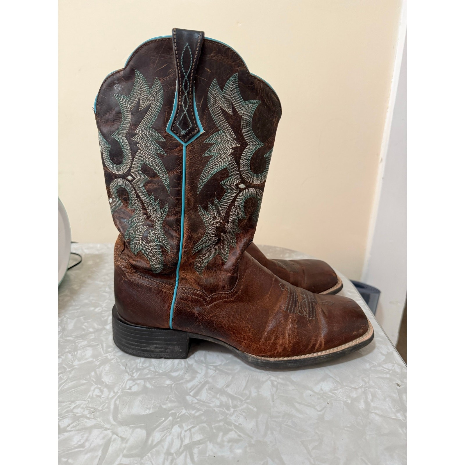 Ariat 10008017 Western Brown Turquoise Leather Boots Square Toe Womens Sz 10 B