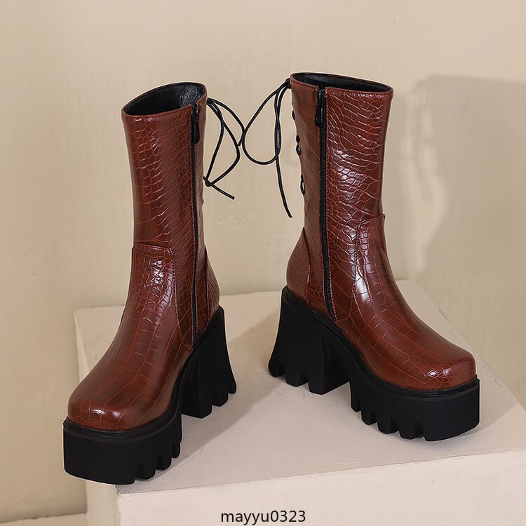Womens Platform High Block Heel Zip Square Toe Casual Ankle Boots Shoes Biker