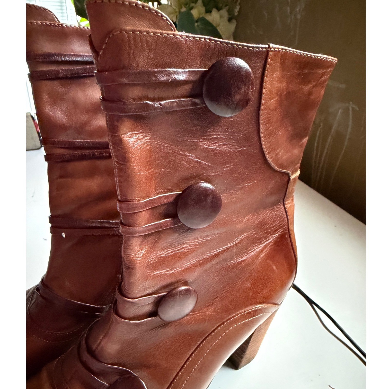 L’Artiste Spring Step Brown Leather Button Mid Calf Boots Victorian Size 39