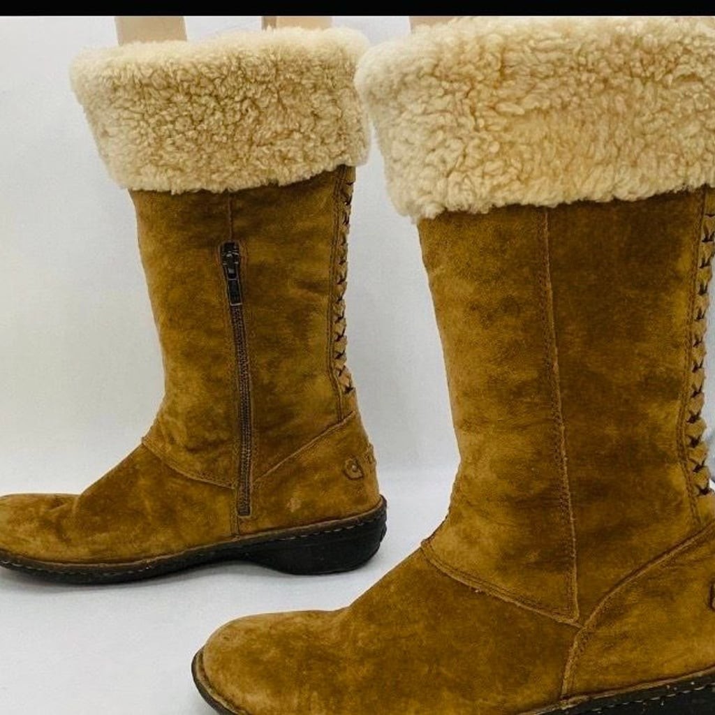 UGG Karyn Chestnut Suede Sheepskin Cuff Zip Mid-calf Boots size 8