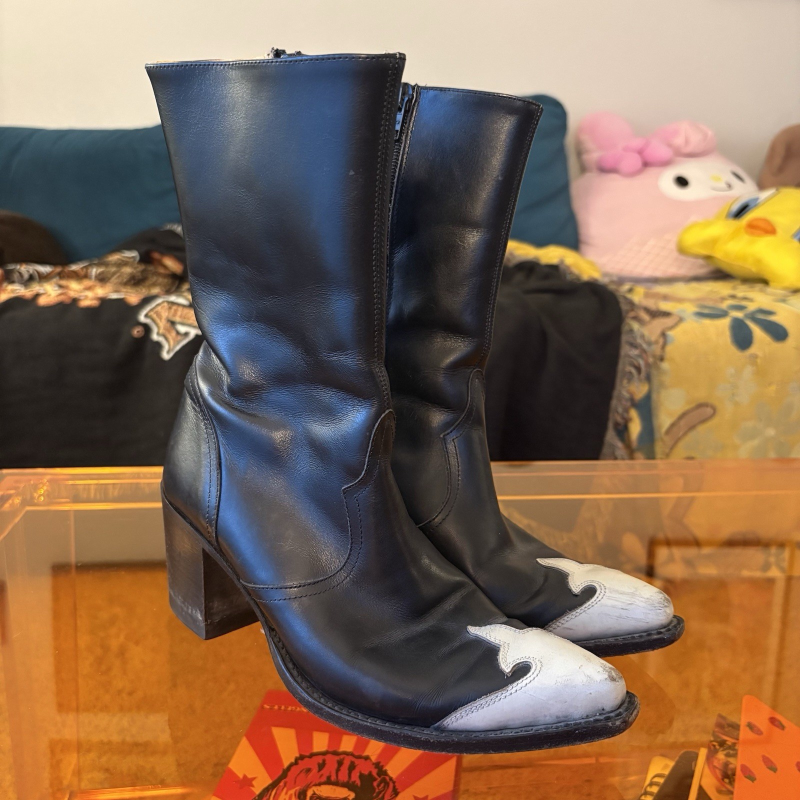 DKNY Women’s Black/Grey Colorblock Western Mid-Calf Zip Leather Boots