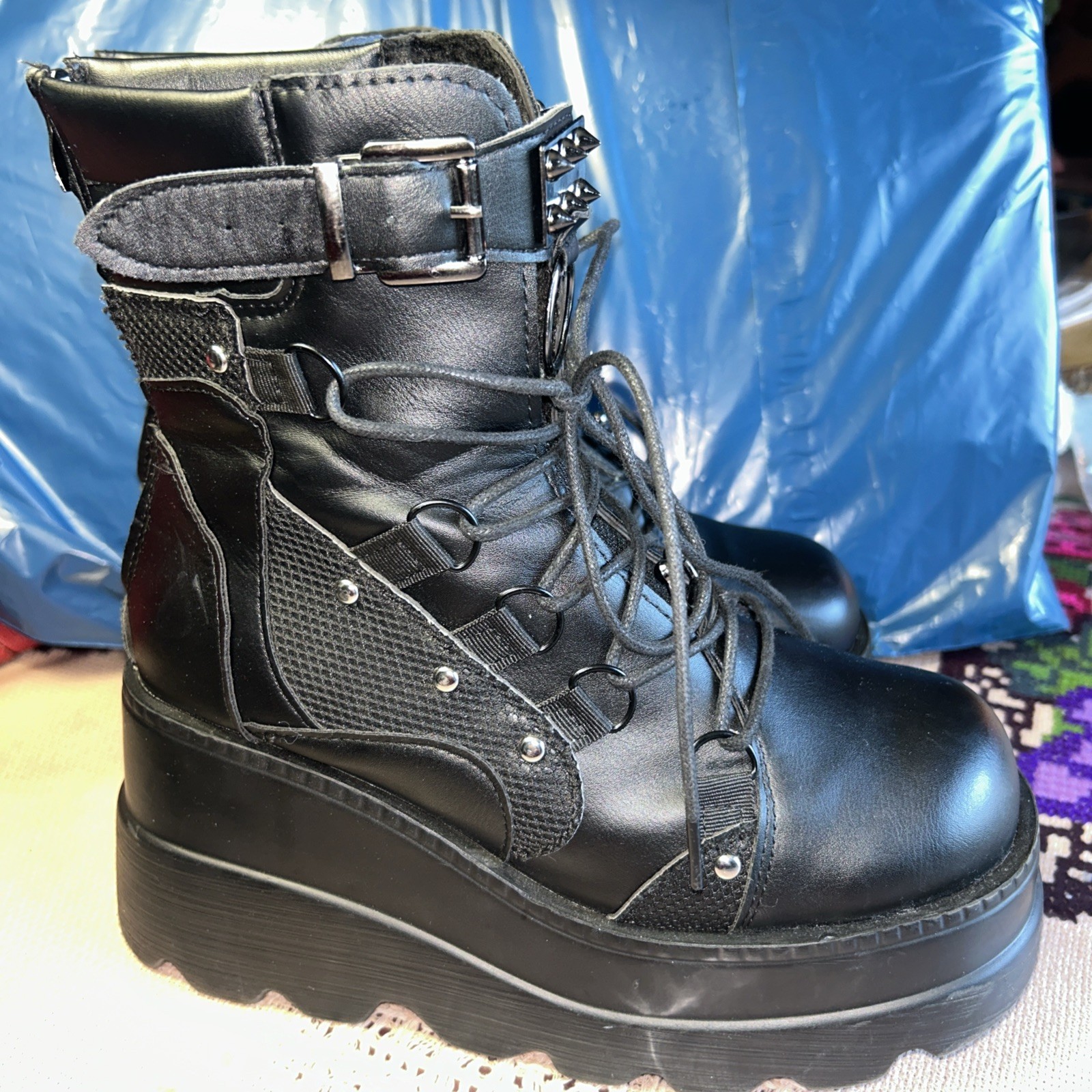 Women’s Black Ankle Combat Boots Lace-Up Buckle Zipper Stud Ring Round Toe