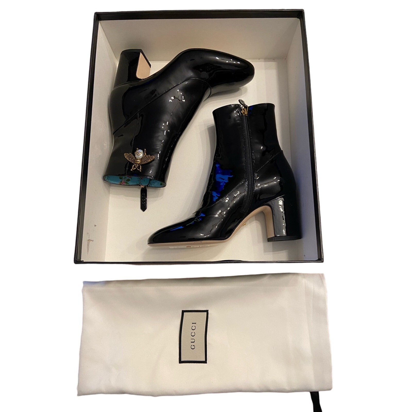 Gucci Lois Bee Booties Patent Leather Block Heel Party Cocktail Embellished 5