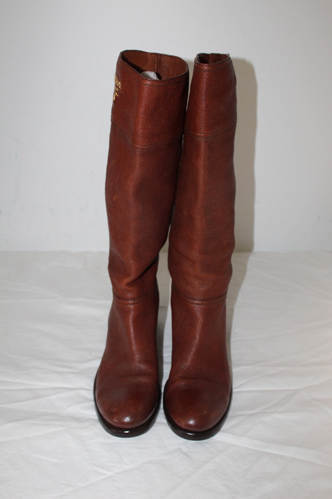 PRADA Brown Pebbled Leather Lined Pull On Riding Boots Logo Cuffs 39.5