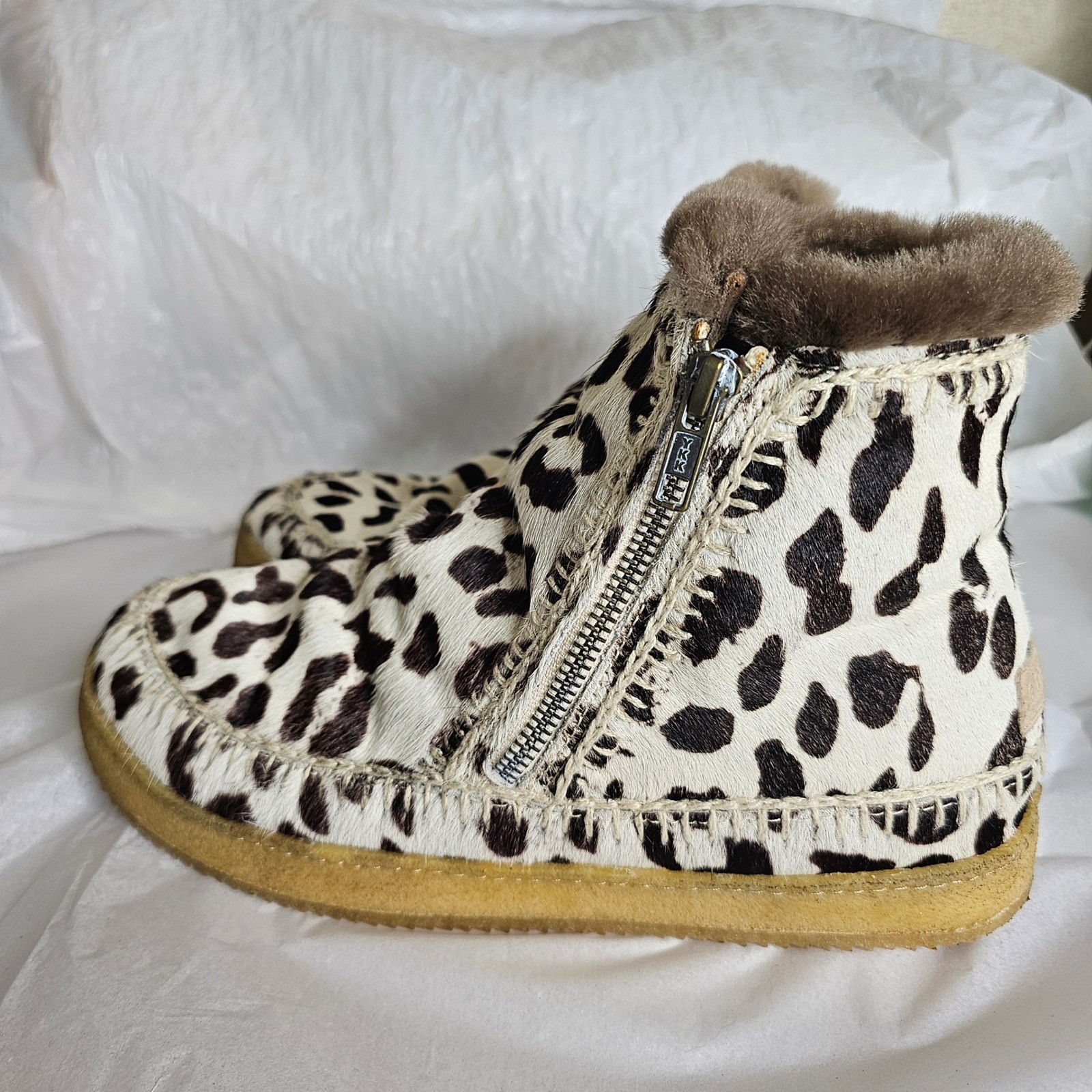 Laidback London Setsu Leopard Print Calf Hair Crochet Ankle Boots Size 40