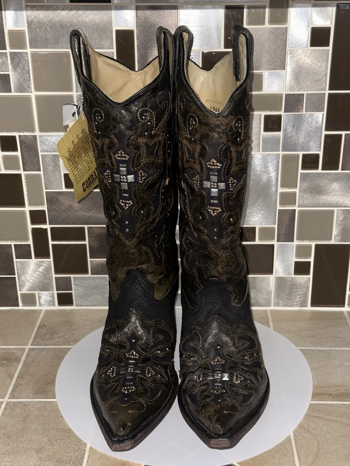 Corral Boots Snip Toe Black/Gray Python Cross Cowgirl Swarovski Size 10.5M