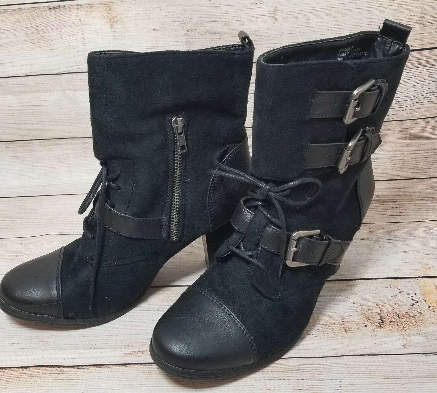 Madden Girl Moto Boots 7 Funky Cynder Black Vegan Leather Buckles Lace Up Zip