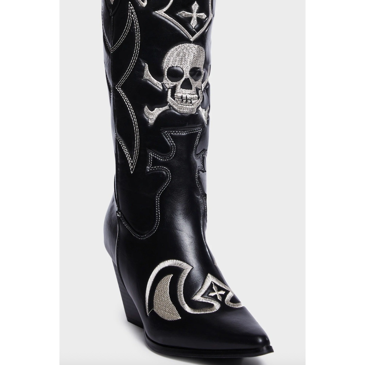 Dolls Kill Pink Kiss Womens 10 Black Skull Embroidery Western Boots Pointed Heel