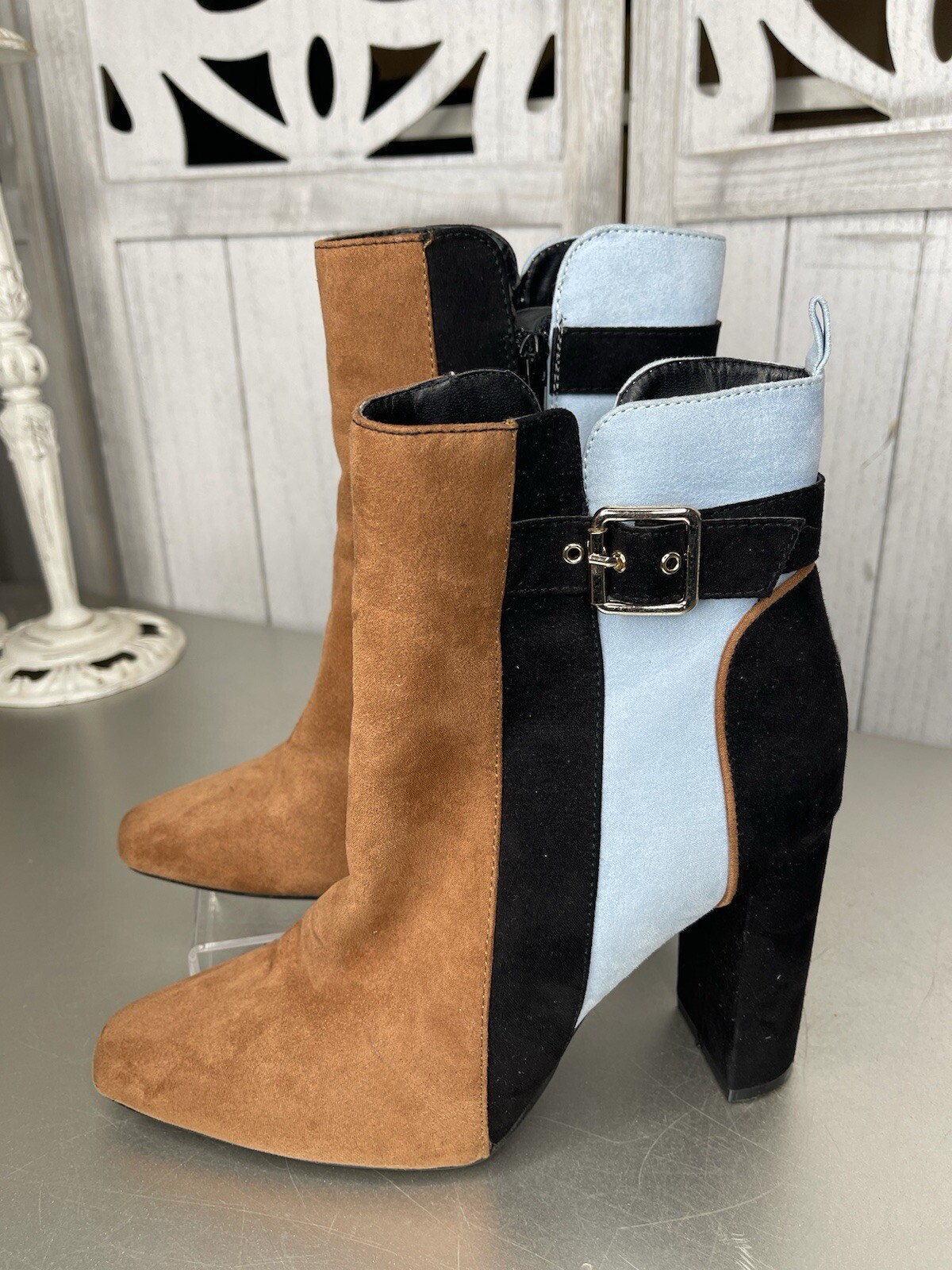JustFab Linette Color Block Bootie Blue Black Brown Faux Suede Size 8.5