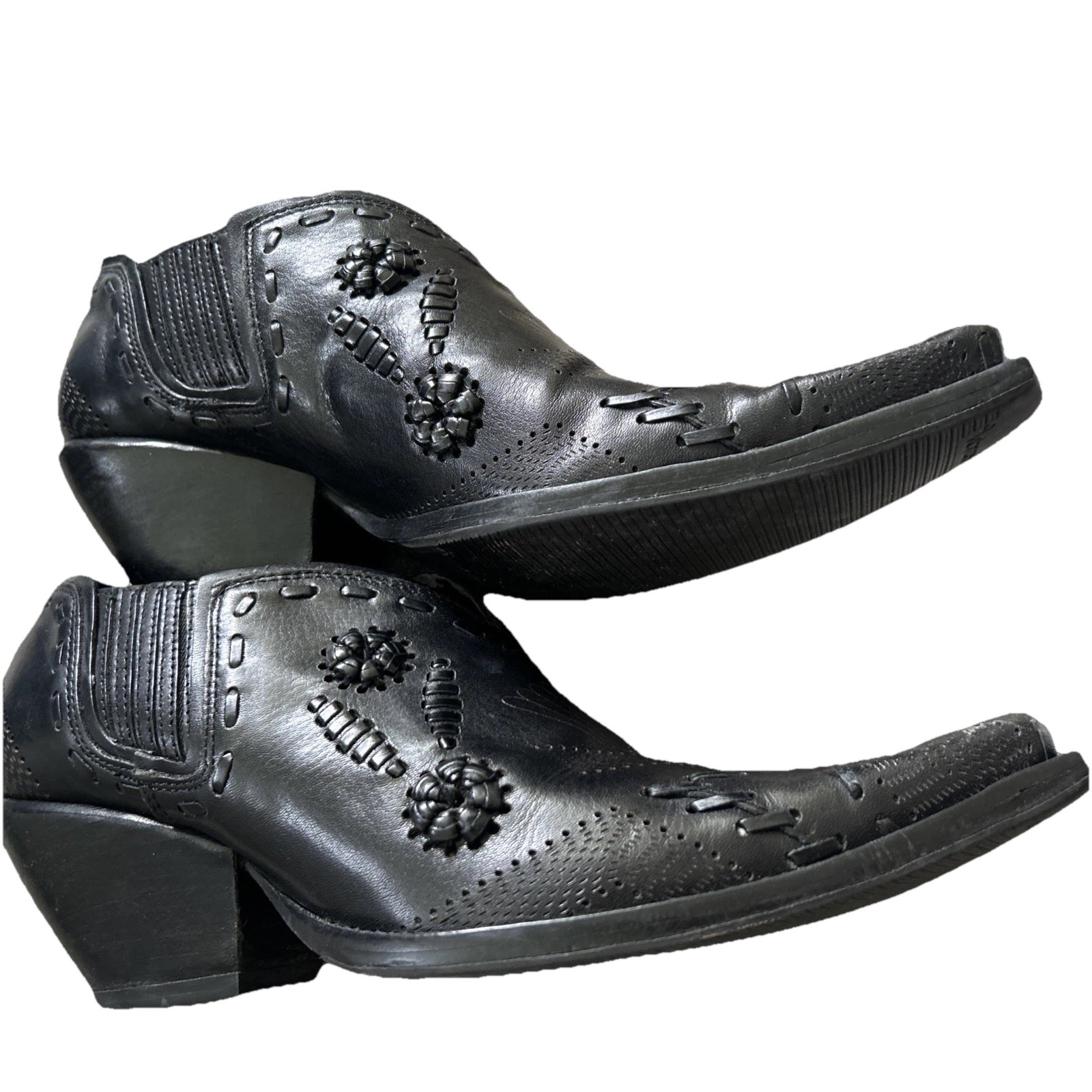 BCB Girls Western Ankle Boots Black Leather 7 B Block Heel Slip On