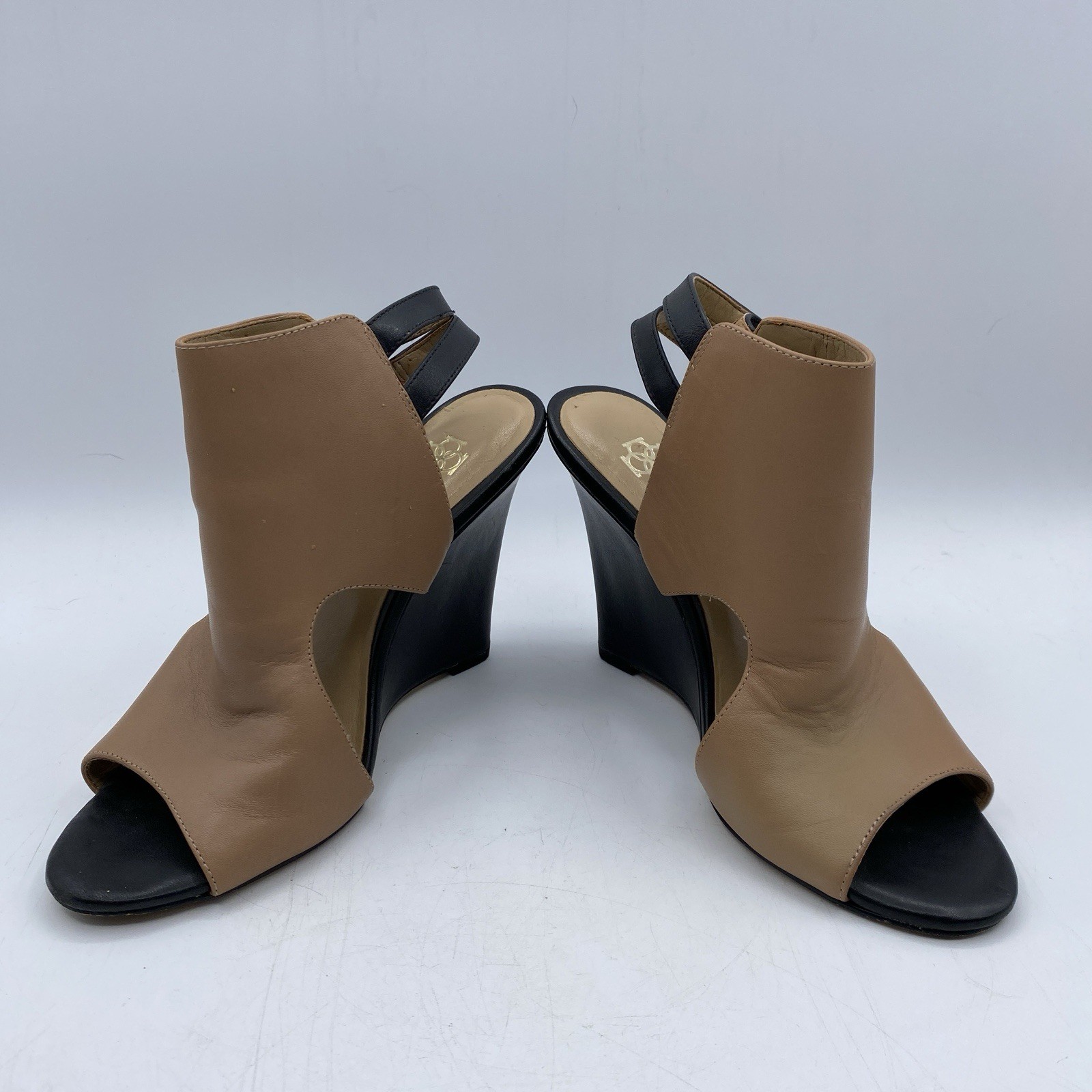 Ann Taylor Colorblock Leather Peep Toe Booties Camel Black Women Size 6.5M EUC