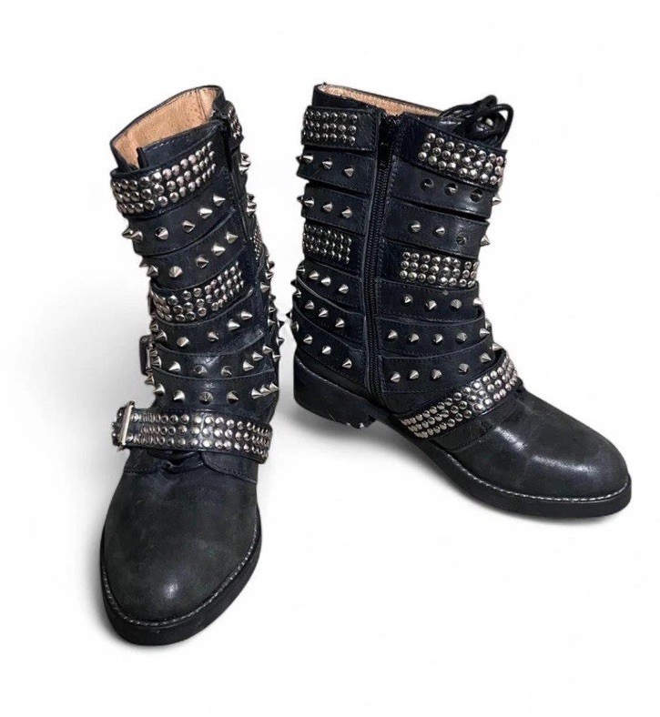 RARE Jeffrey Campbell Studded Buckle Straps Black Leather Biker Boots