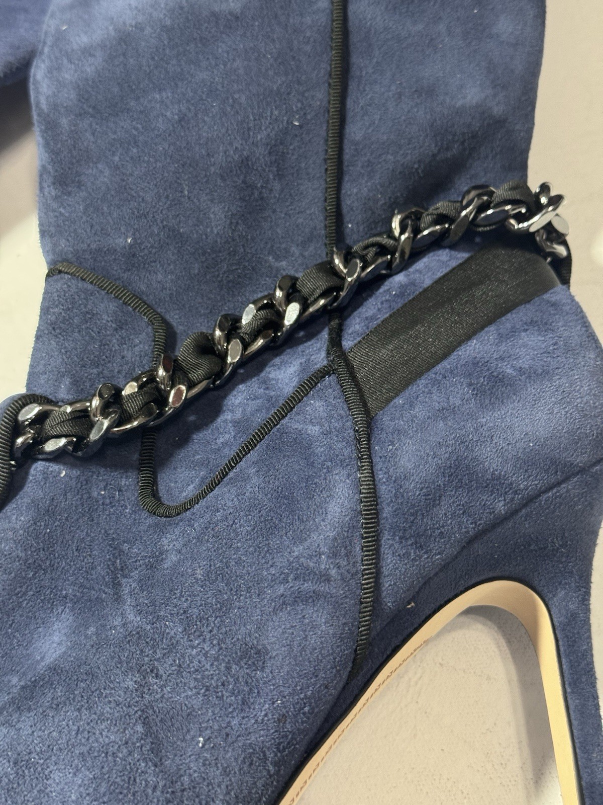 Karl Lagerfeld Paris Maryam Blue Suede Tall Boots Chain Detail NEW 7M 37.5