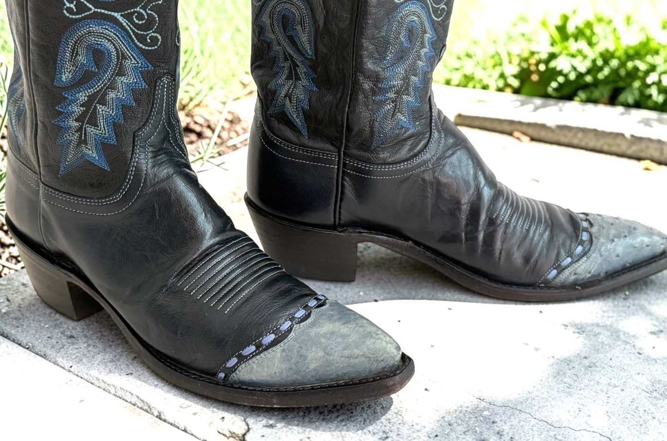 LUCCHESE 1883 Black & Blue Ostrich Wingtip Embroidered Cowgirl Boots Sz 8.5B