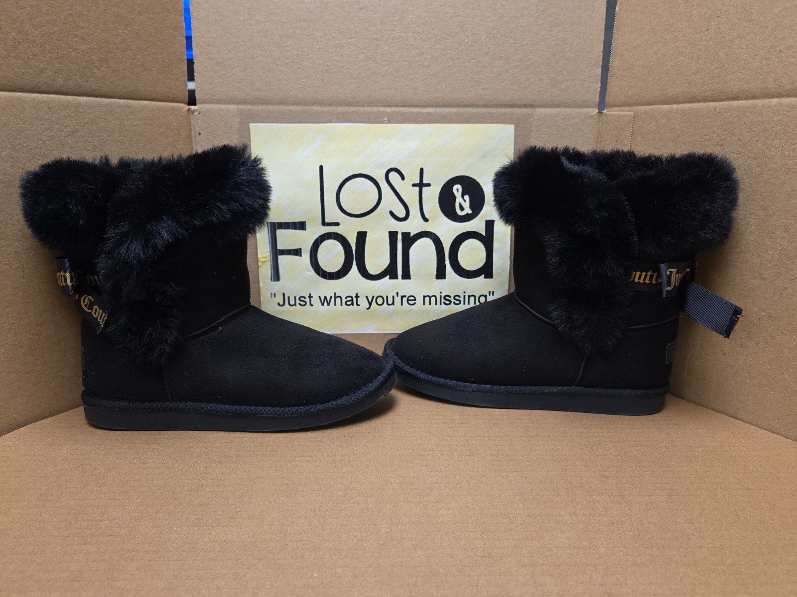 Juicy Couture JC-King Black Faux Fur Suede Boots Ribbon Bow Size 4 PICS