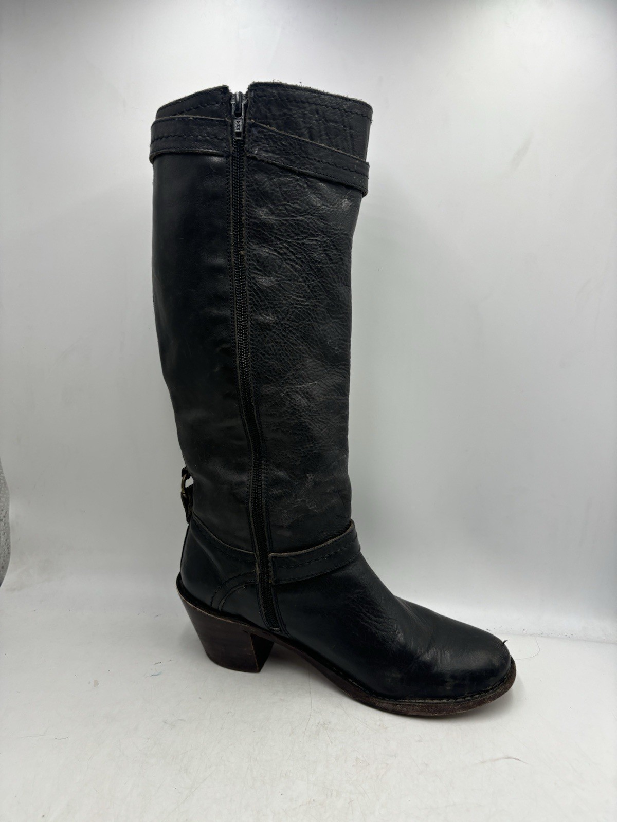 Frye Carmen Saddle Tall Blk Leather Knee High Riding Belted Boots Women’s 8.5 B