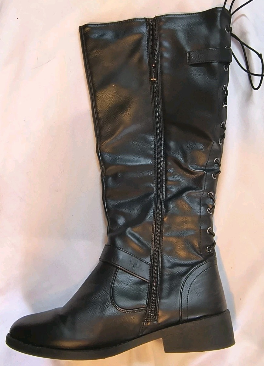 WANTED Women’s LadyLuck Lace Back Low Heel Knee Boots Black Sz 8 Gothic Grunge