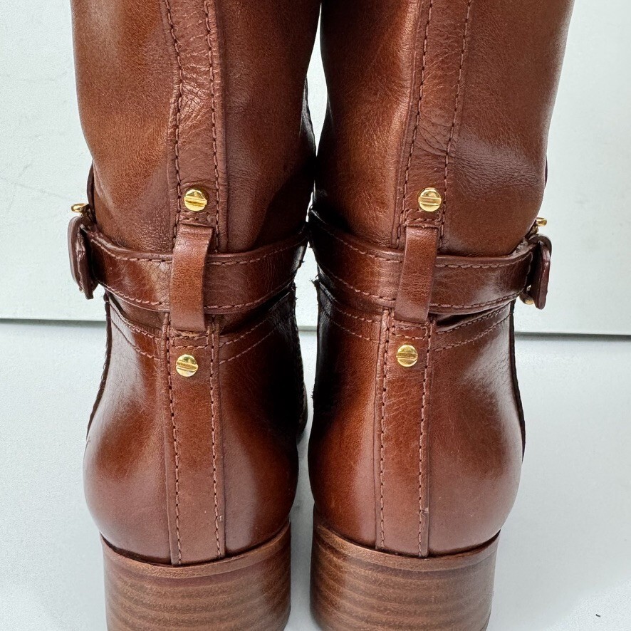 Tory Burch Riding Boots 6M Nadine Brown Leather Gold Hardware Logo