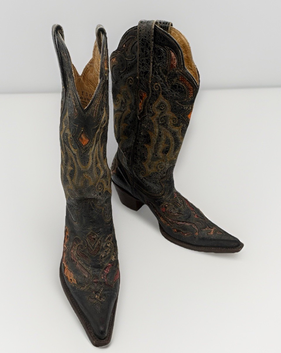 STETSON Ladies Sz 9Boot Black W/Browns/Oranges Inlays Hippie Chic Cowgirl WOW!