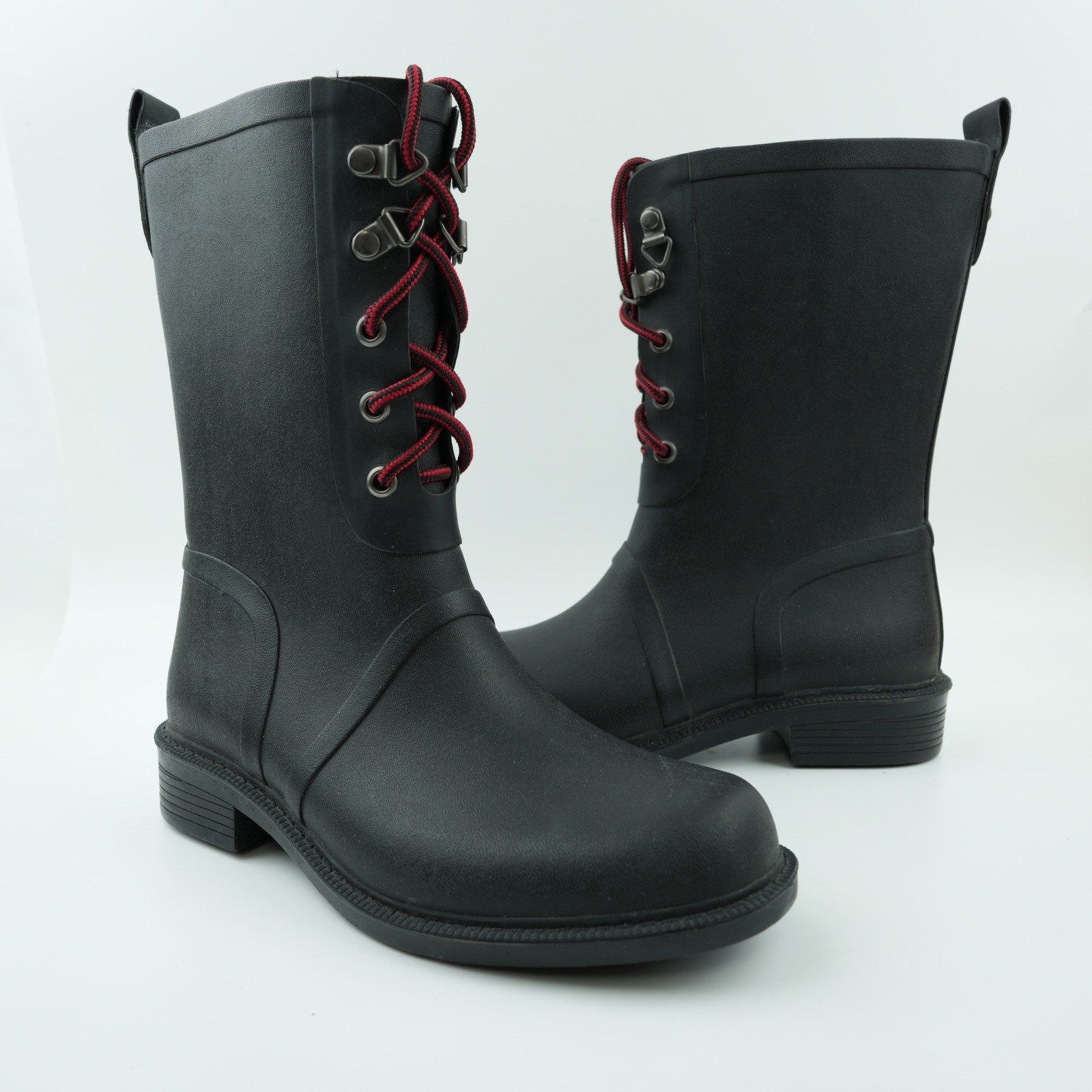 Merona Rain Boots Womens 6 Black Rubber Waterproof Lace Up Red Laces Utility