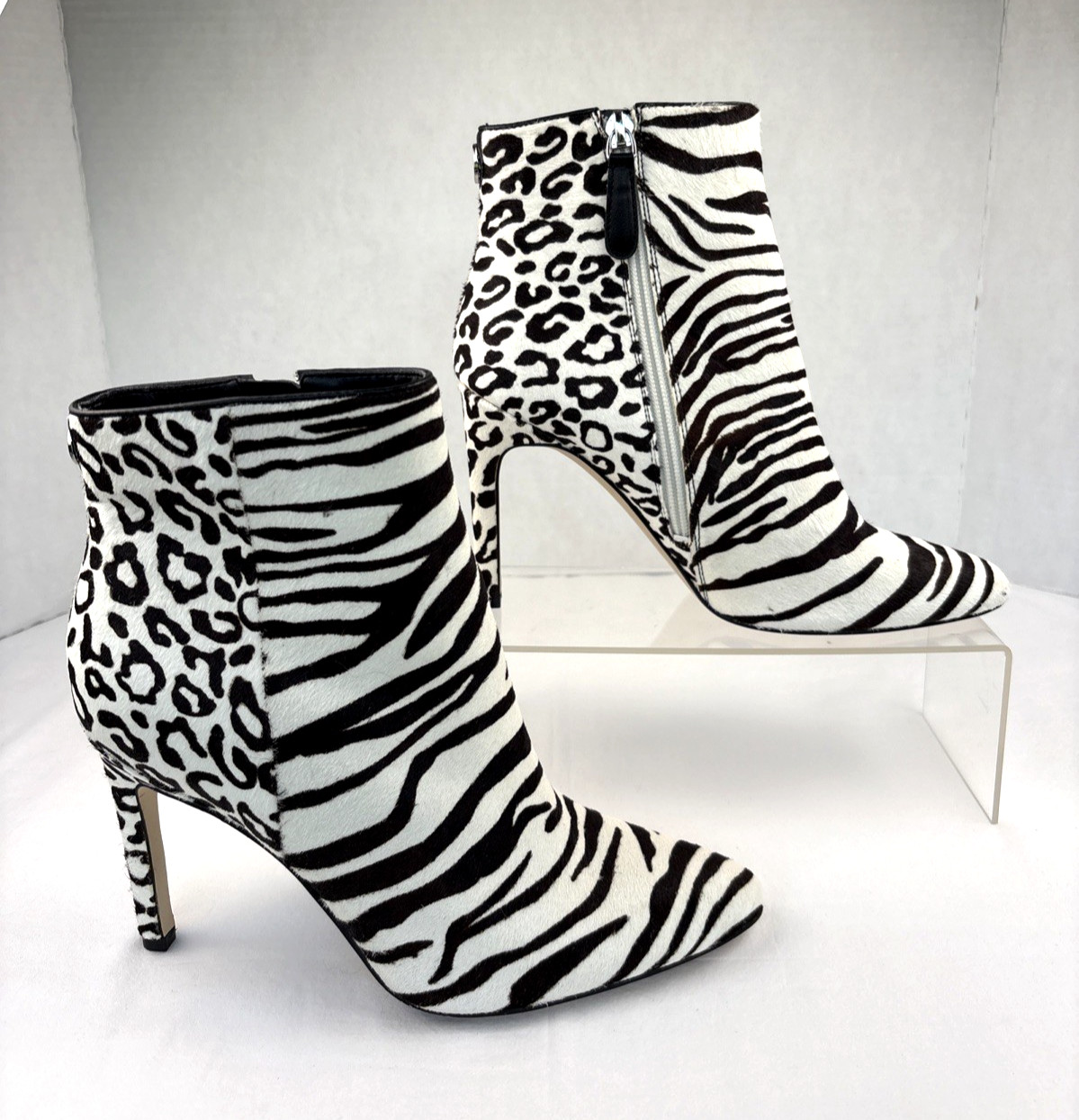 Guess Tabare Animal Print 4” Spiked Heel Cow Fur Leather Booties Woman’s Size 8M