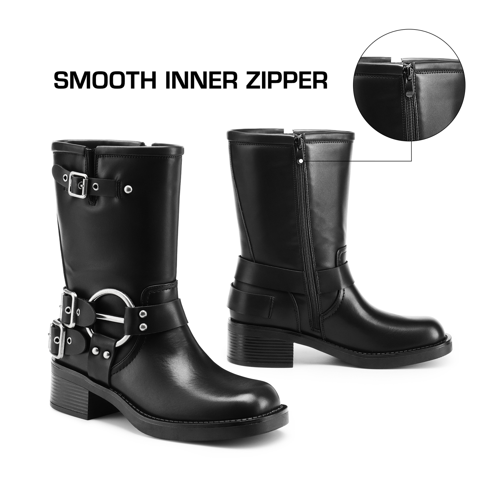 Women Mid Calf Boots PU Square Toe Motorcycle Adjustable Buckles Riding Boots