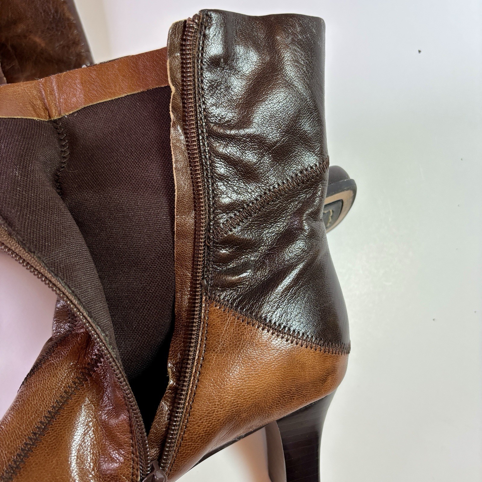 Liz Claiborne Boots 6.5 Short Mid Calf Leather Brown Patchwork 9” Shaft Height