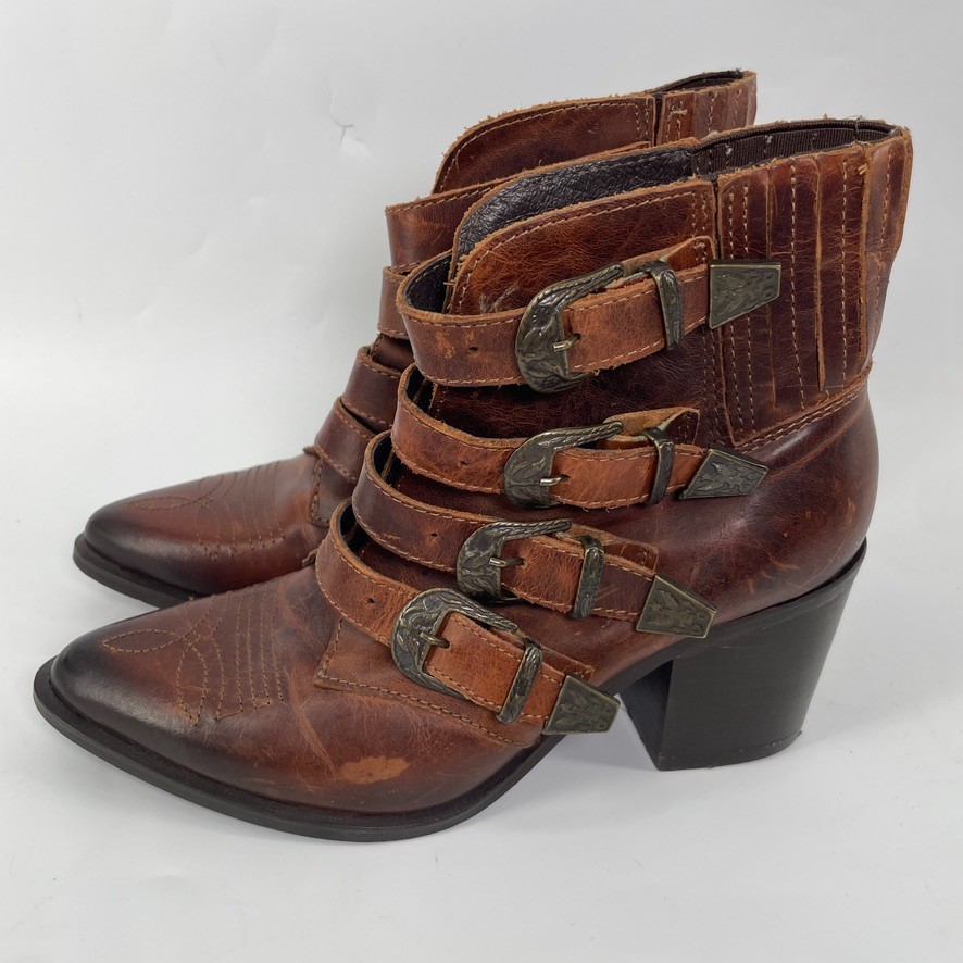 Steve Madden Boots Women 7.5 Brown Leather Prairie Western Steampunk Buckle Y2K