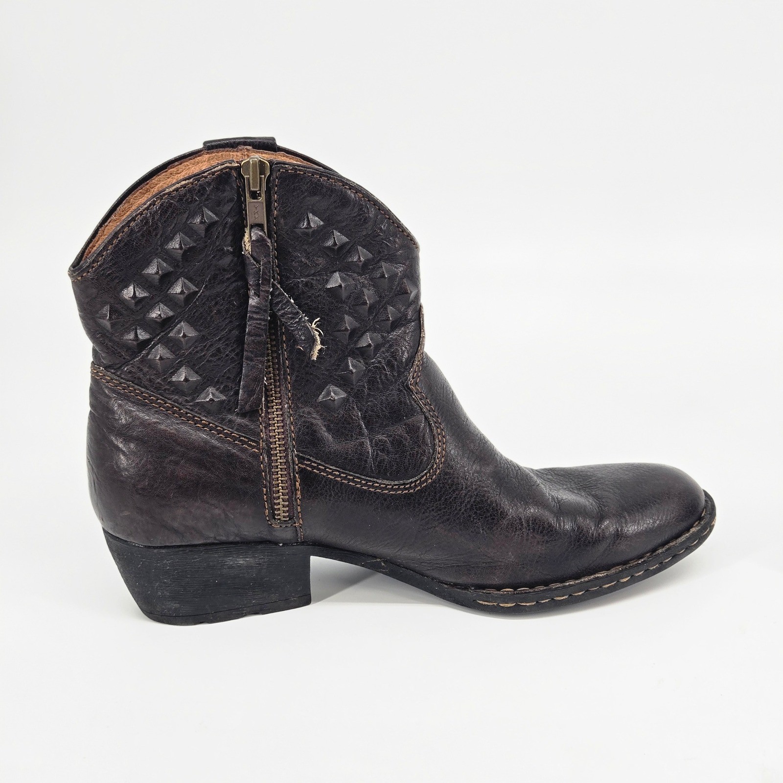 Born Black Studded Leather Western Ankle Boots Side Zip Moto Punk Goth Biker Y2K
