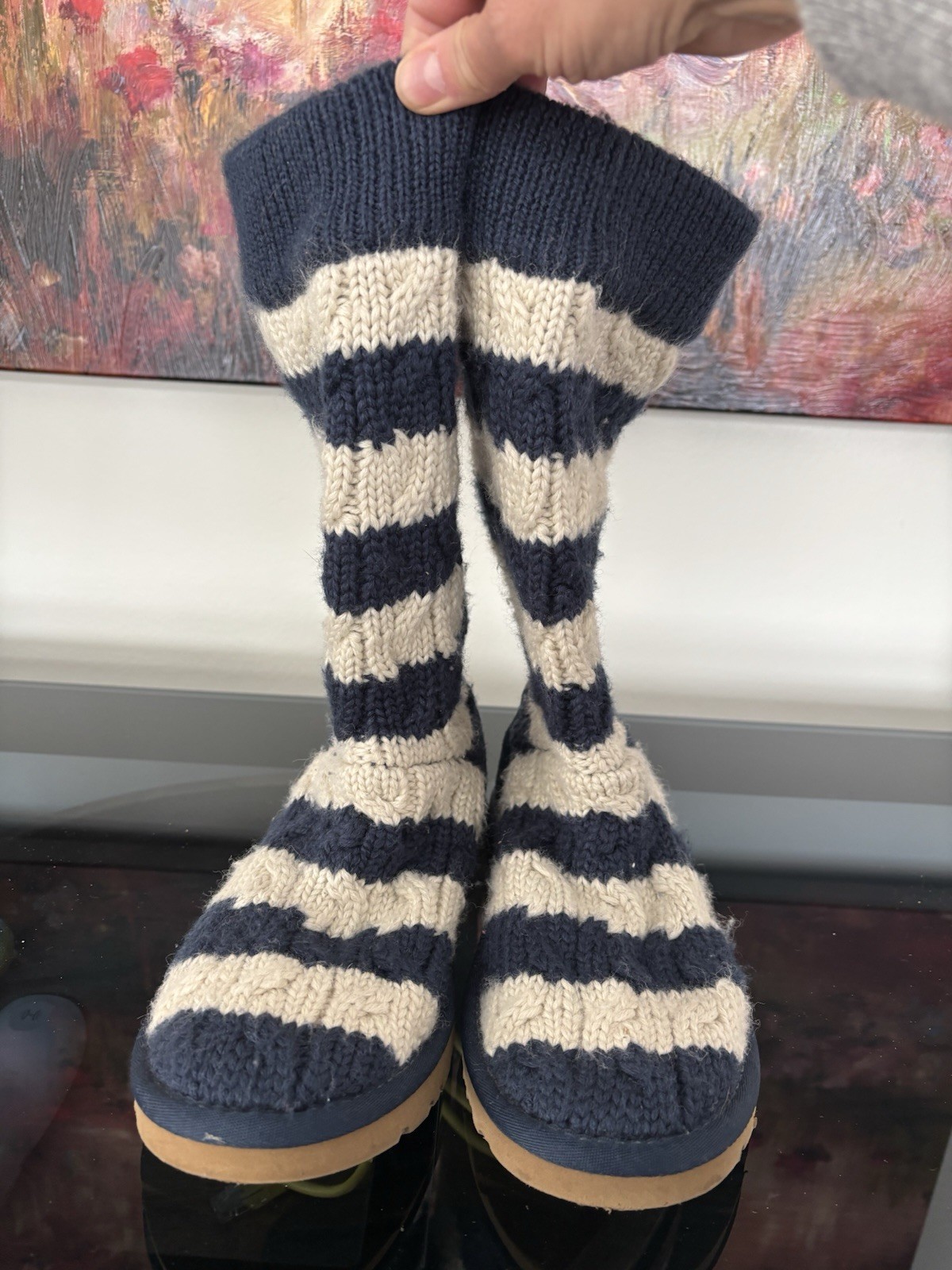 UGG Australia 5822 Classic Cable Knit Stripe Boots Navy/Cream Size 5