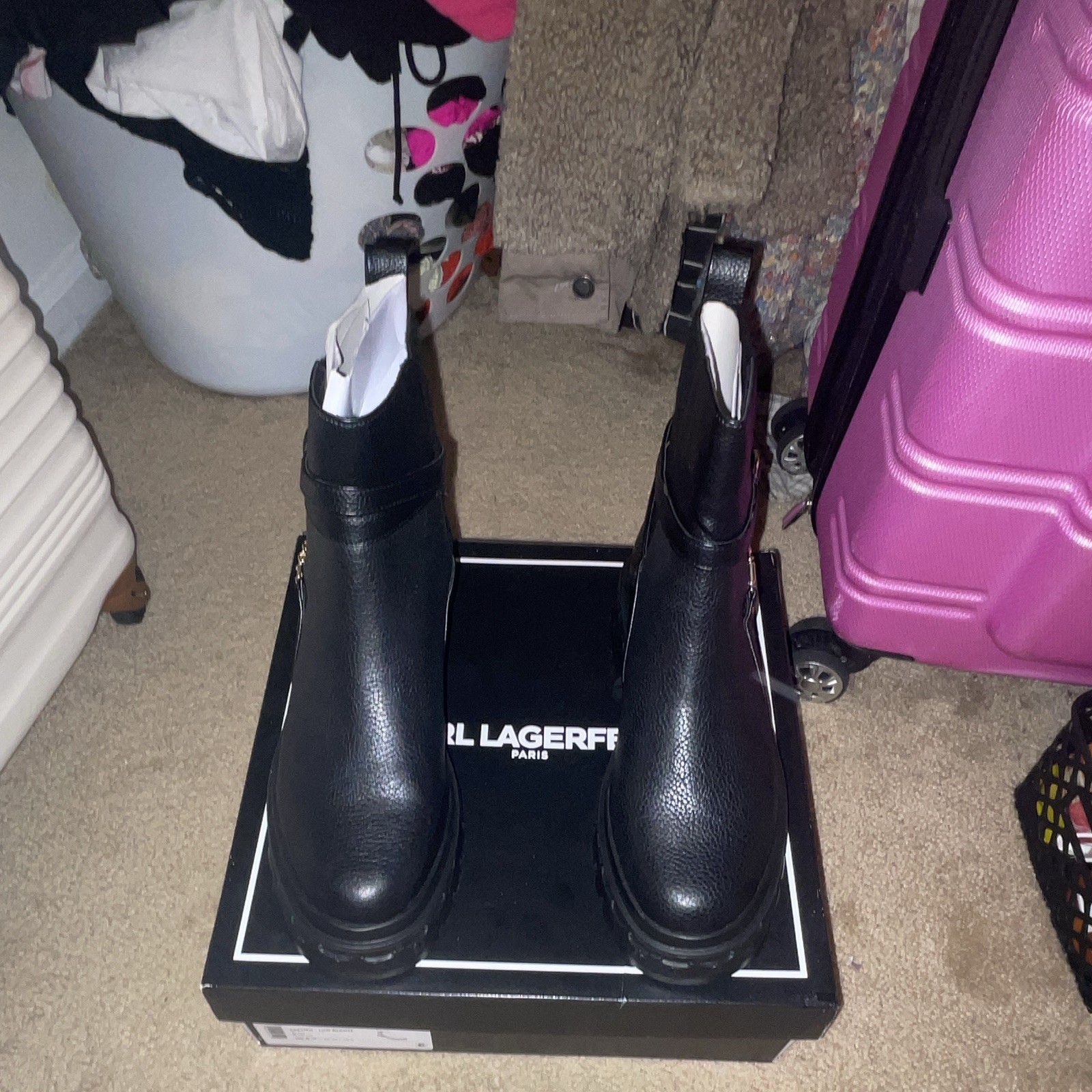 Karl Lagerfeld Paris Women’s Black Leather Ankle Booties Chain Accent Size 8.5