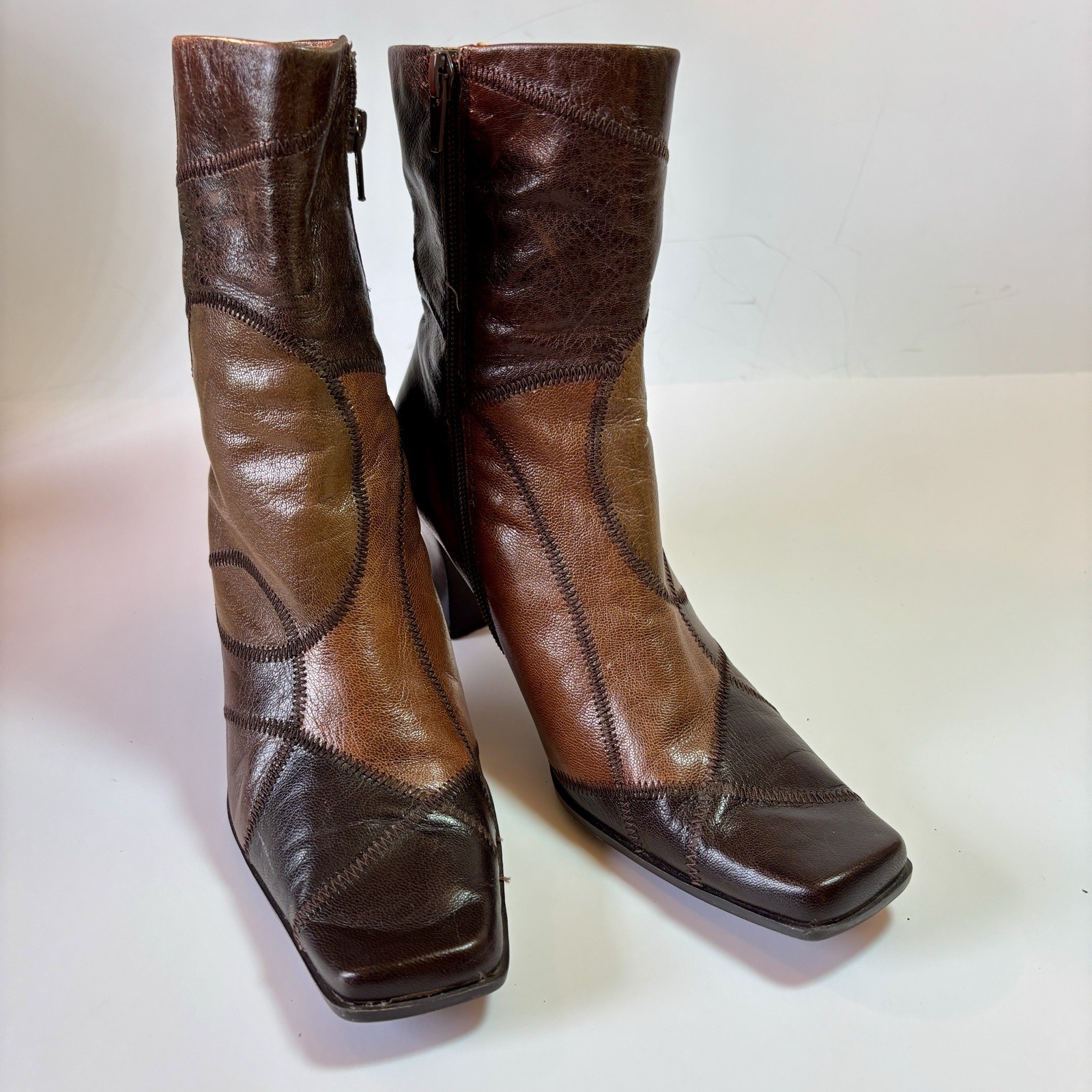 Liz Claiborne Boots 6.5 Short Mid Calf Leather Brown Patchwork 9” Shaft Height