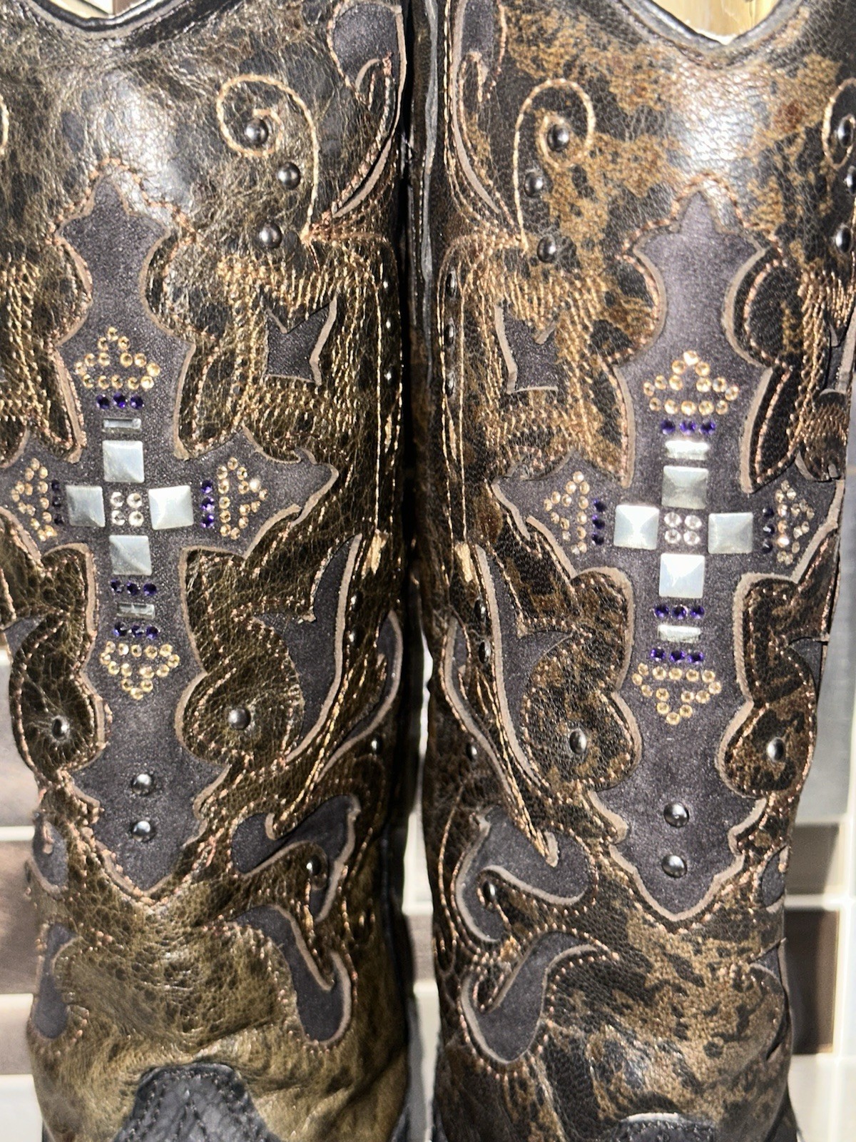 Corral Boots Snip Toe Black/Gray Python Cross Cowgirl Swarovski Size 10.5M