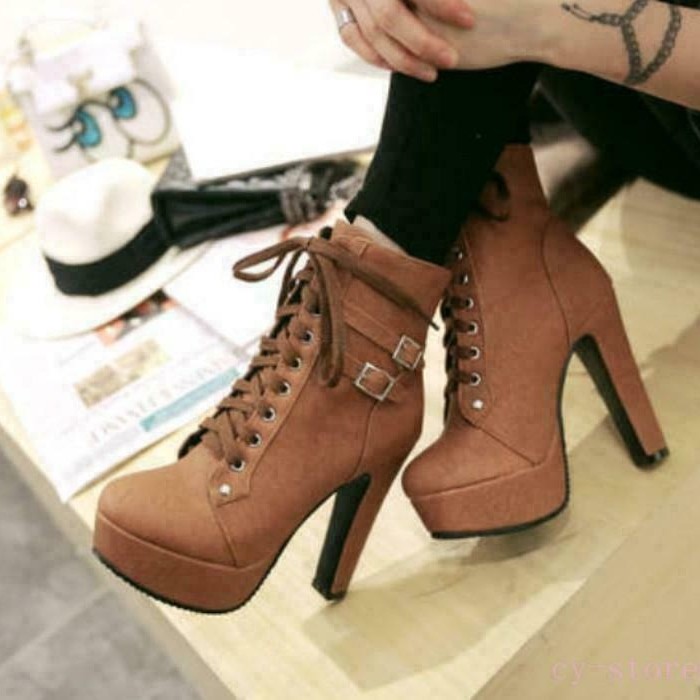 Women’s High Heel Platform Ankle Boots Knight Motorcycle Buckle Lace Up Shoes