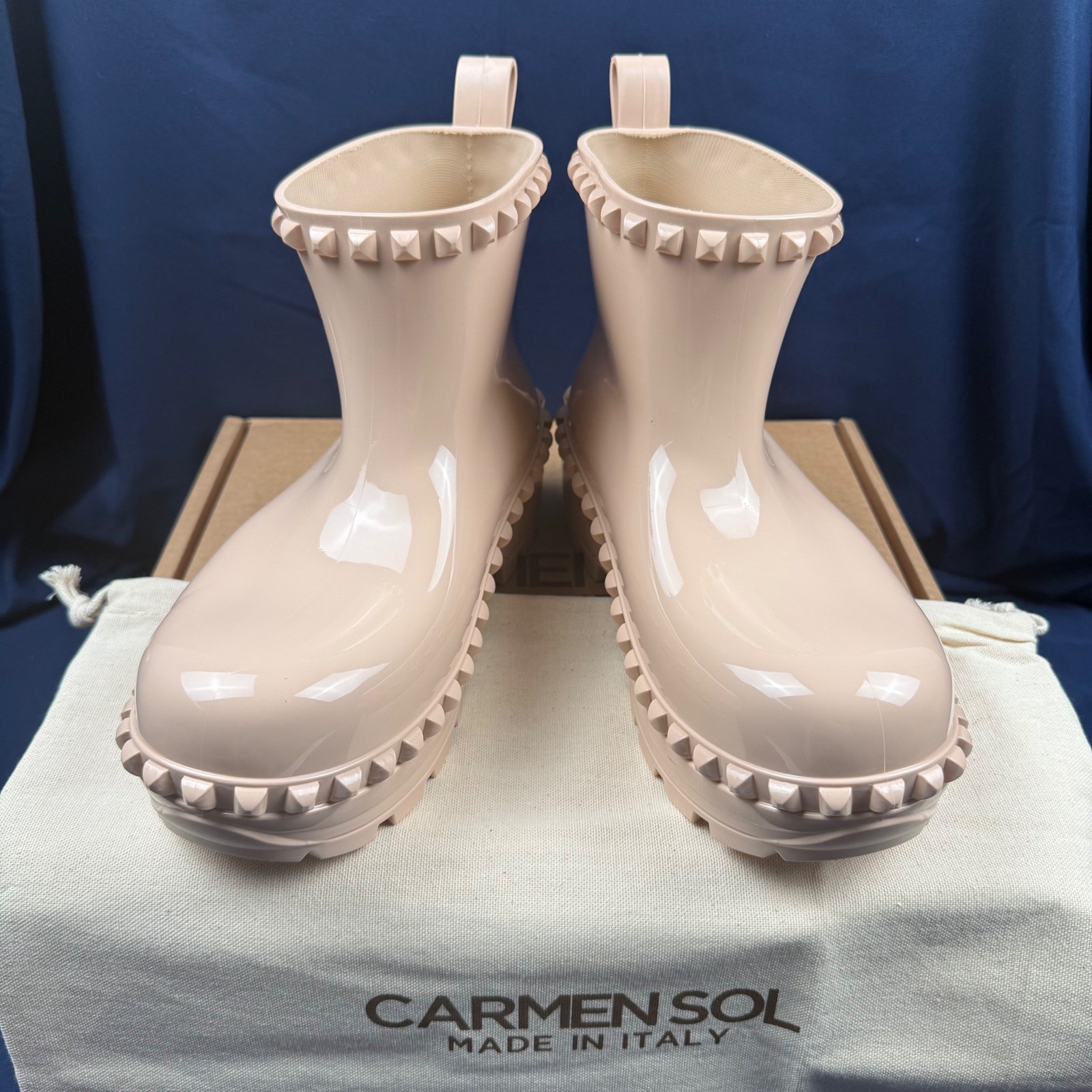 Carmen Sol Graziano Blush Tan Studded Jelly Rain Boots Made in Italy US 11 EU 41