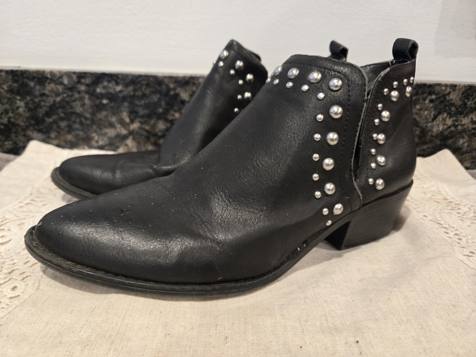 Women’s Black Leather Pearl Studded Slip-On Ankle Booties, Pointed Toe