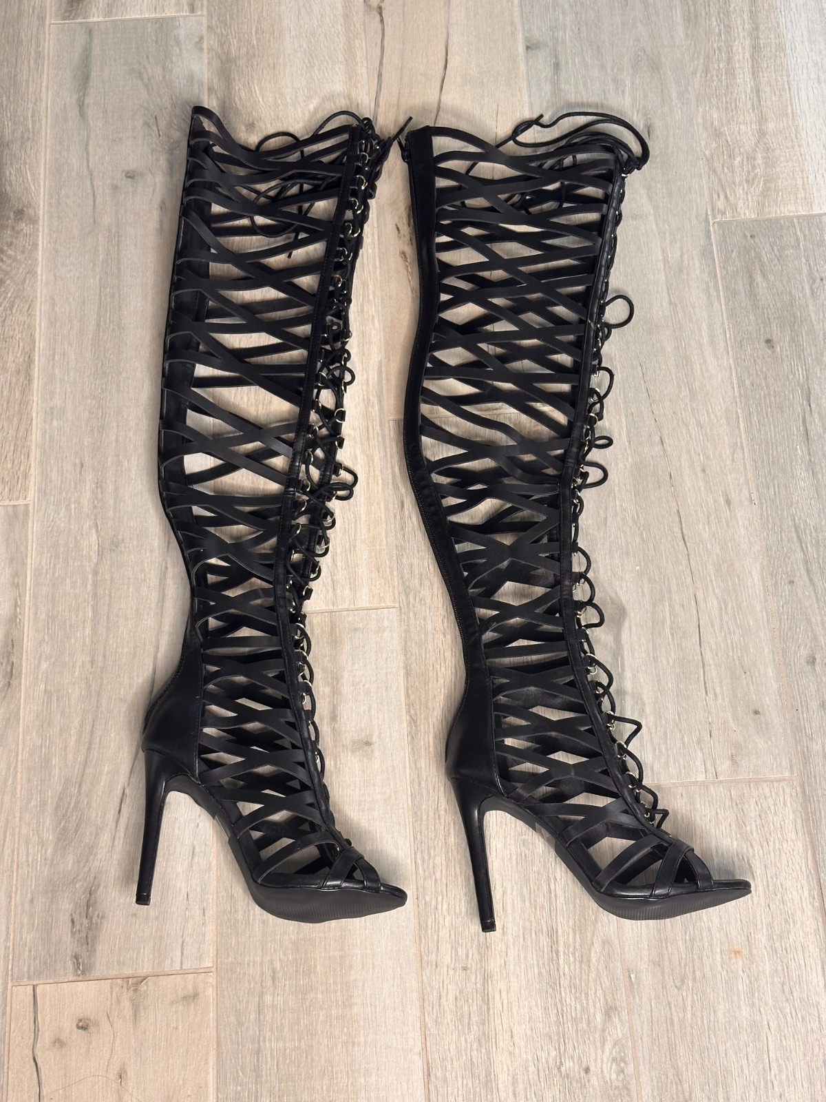 Black Gladiator Lace Up Knee High Heels Size 8 Open Toe Stiletto Boots NWOT