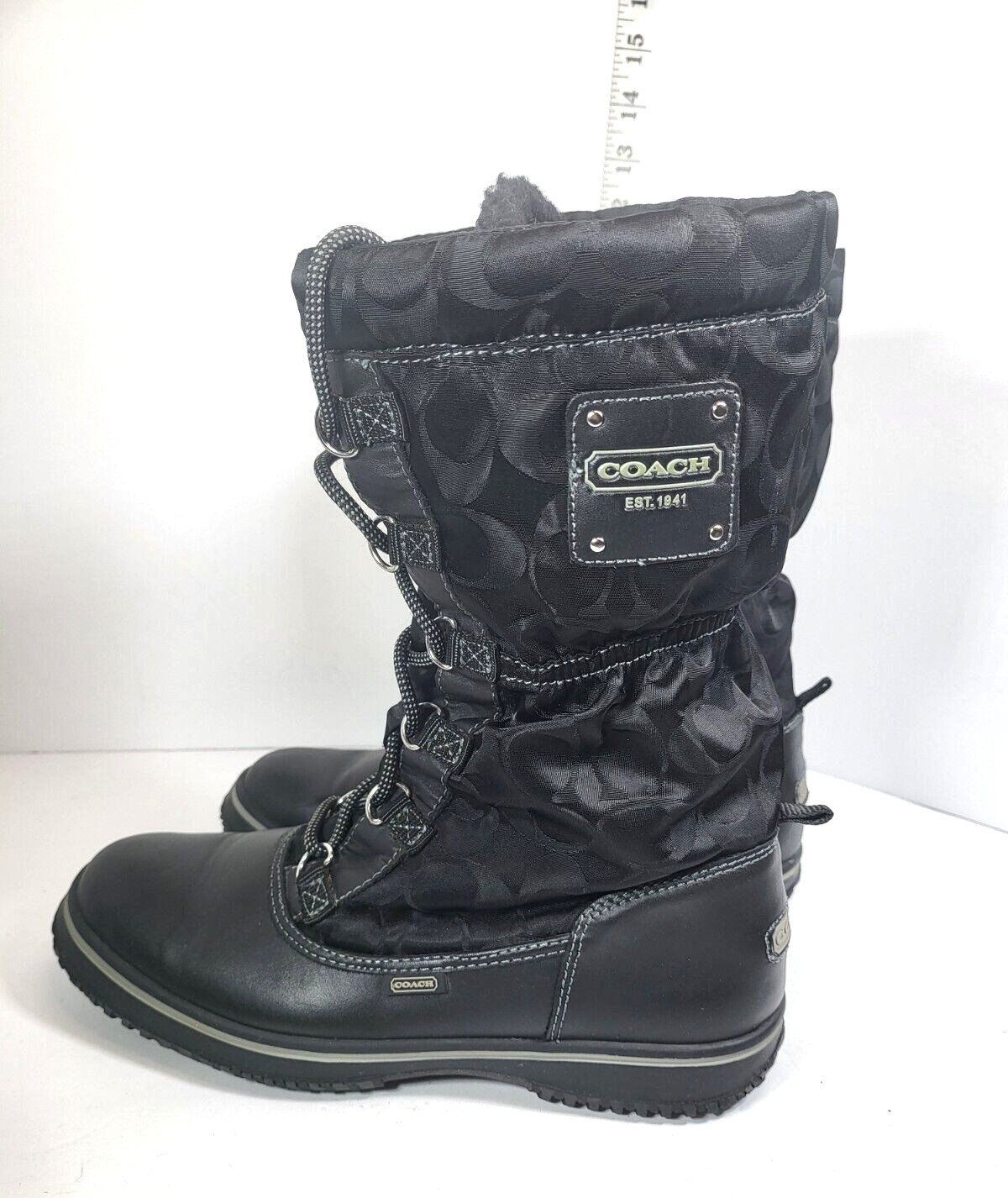 Coach Women’s Black Winter Snow Boots 7.5 Shaine Lined Nylon Leather Logo