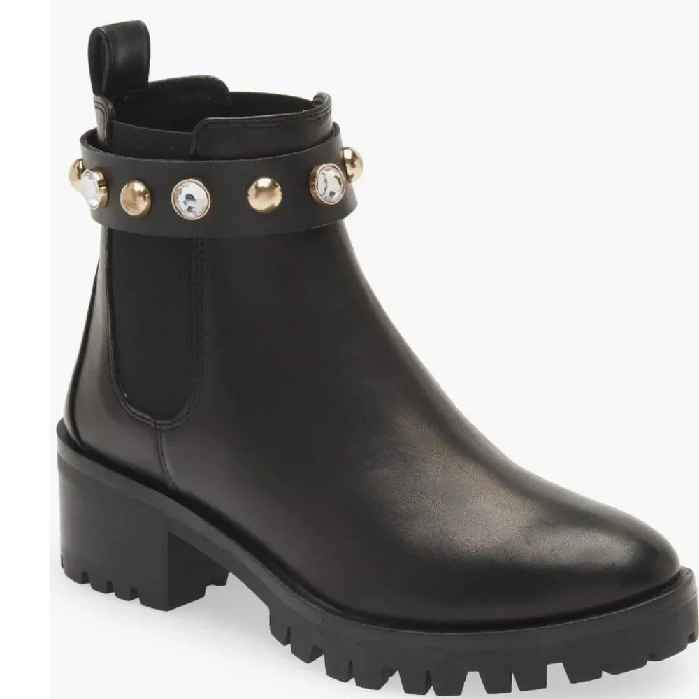 Karl Lagerfeld PARIS Porshay Lug Sole Embellished Leather Combat Boots 9.5 /40.5