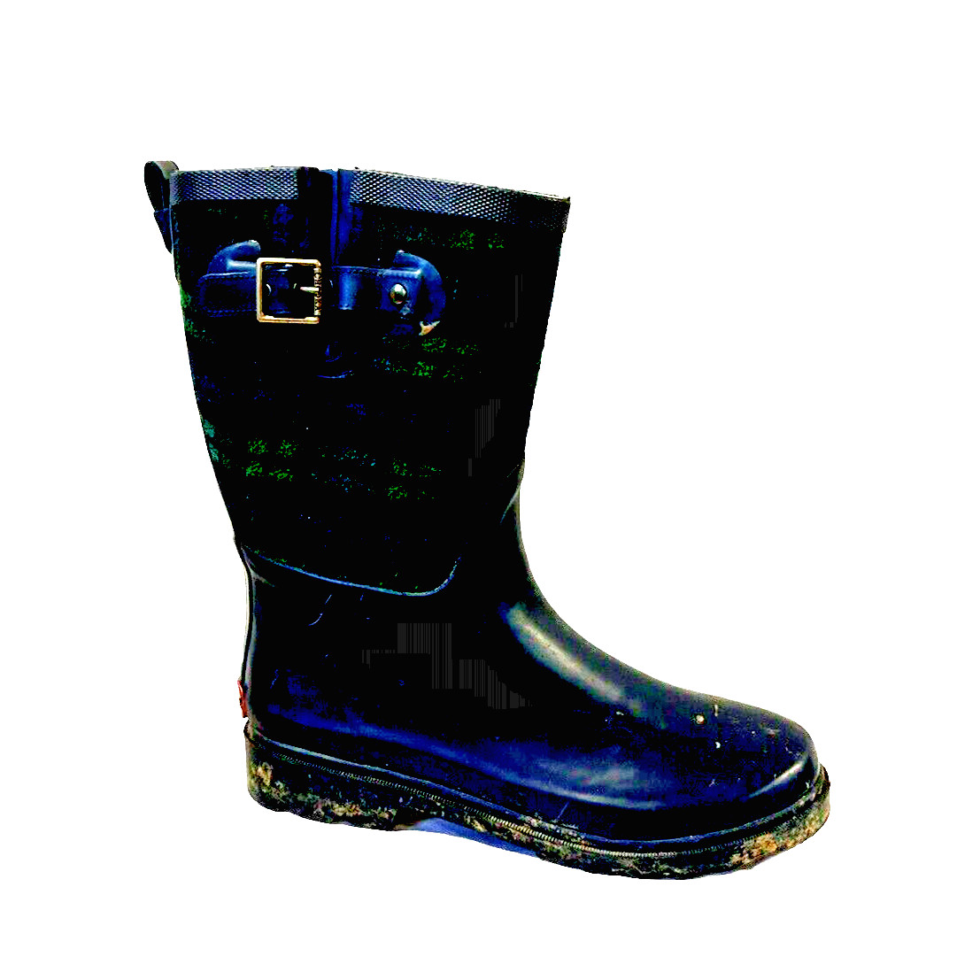 Chooka Rubber Rain Chore Boots Woman’s Sz 9 Blue Plaid Mid Calf Fishing Camping