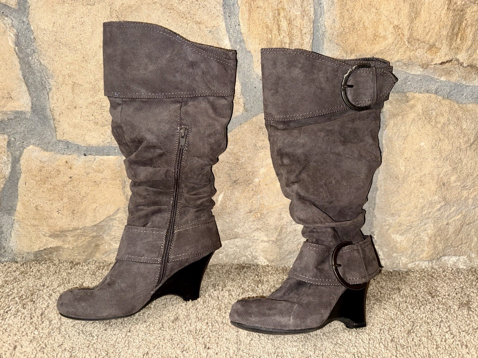 MPS Ivy Womens Size 7 Taupe Faux Suede Slouch Mid Calf Wedge Boots Buckle Zip
