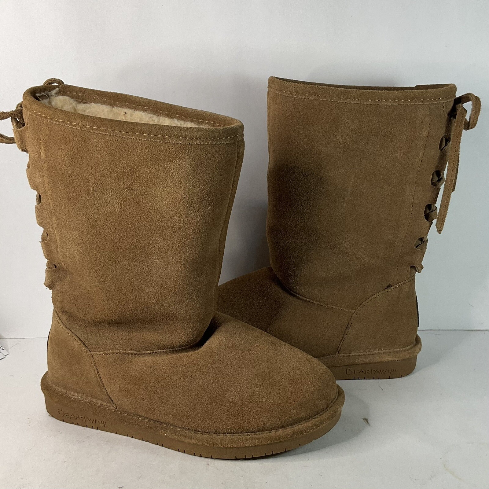 BearPaw Phyllis Classic Suede Hickory Winter Lined Boots Women Size 6 Adjustable
