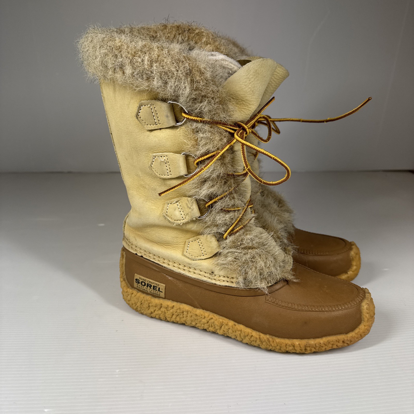 Sorel Nanook Winter Boots Womens 6 Tan Rubber Leather Upper Lined Plush Warm