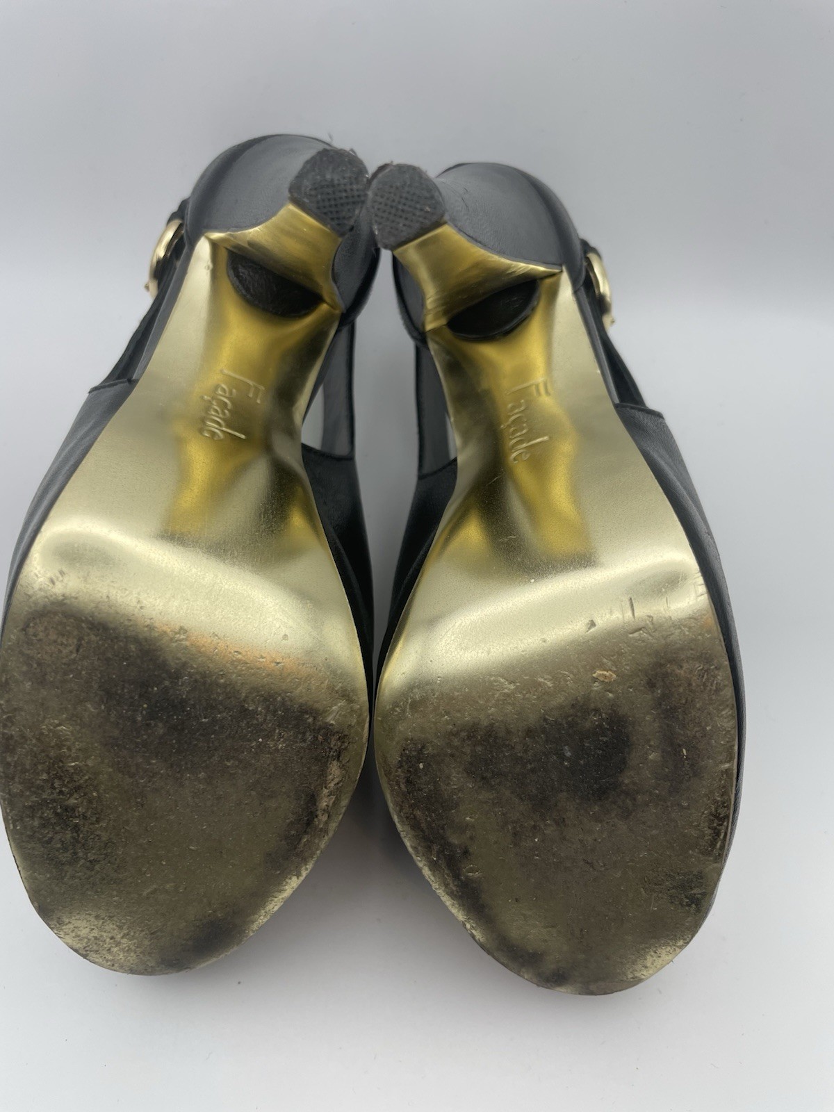 Façade Moto Open Toed Heel Bootie 5.5 Black Leather with Gold Hardware