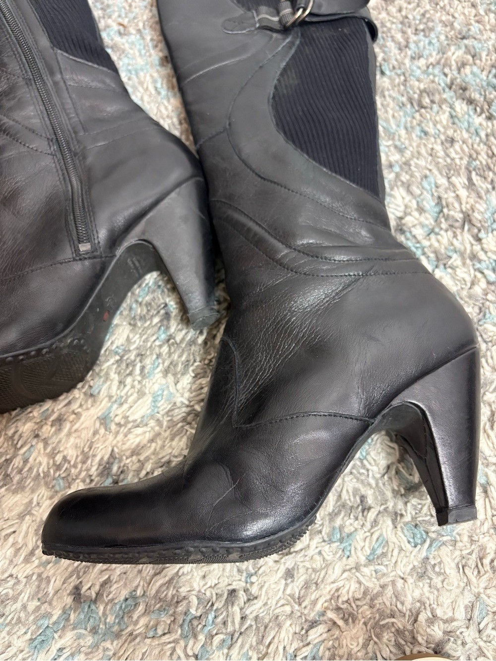 Blondo Boots Womens 9 Tall Leather Ribbed Stretch Inlets Heeled Buckle Riding