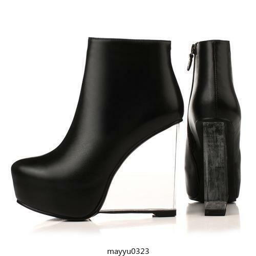 Women’s Leather Clear High Wedge Heel Platform Zip Ankle Boots Dress Shoes Party