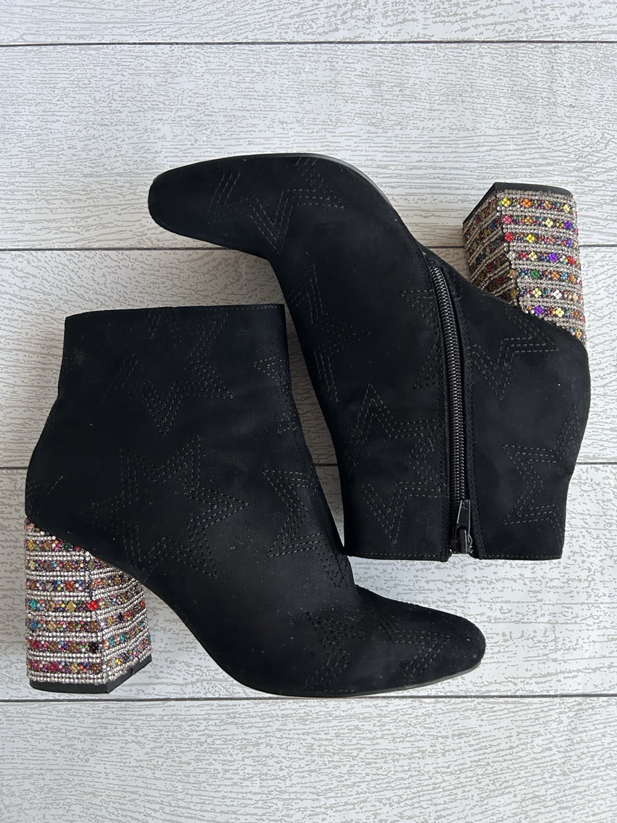 Betsey Johnson Ankle Boots 7.5 Black With Multicolored Sparkle Heels 3” EUC