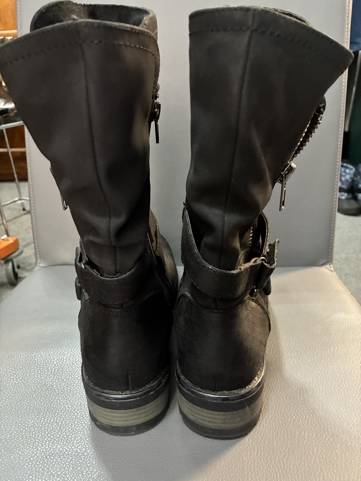 Ladies Karl So Black Biker Boots Side Zip with Straps – Size 10