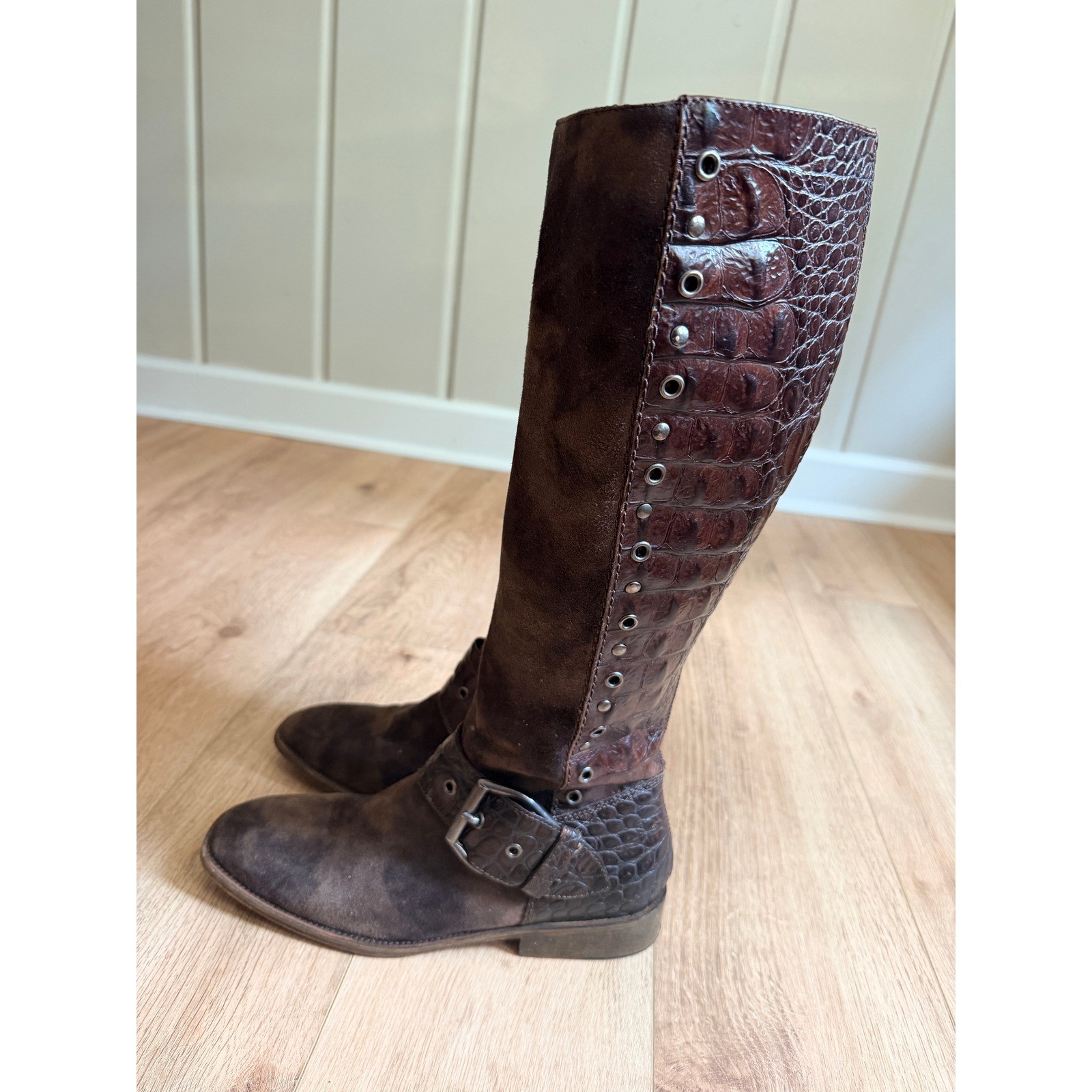 Donald J Pliner Brown Suede Croc Embossed Tall Riding Boots 9.5M Made in Italy